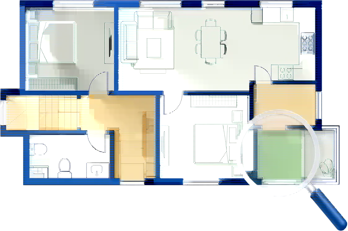 Plano de una vivienda con las áreas habitables en verde, las áreas comunes y escaleras en naranja, y una lupa sobre la terraza.